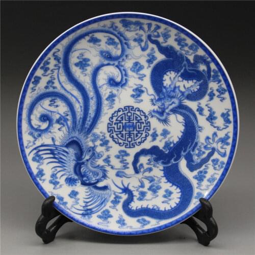 Chinese Blue and White Porcelain Plate Painted Dragon and Phoenix W Qianlong Mark