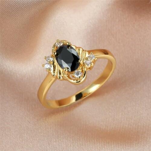 Punk Female Black Crystal Thin Jewelry Charm Gold Color Wedding Rings For Women Cute Bride Oval Engagement Valentines Day Gift