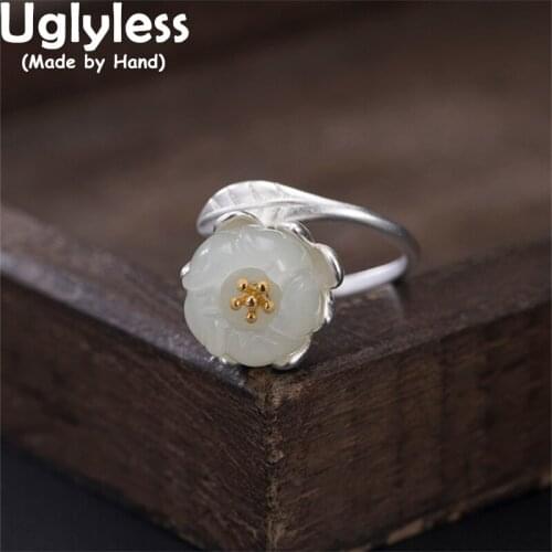 Uglyless Natural Hotan Jade Bowl Flower Rings for Women Real 925 Silver Leaf Birds Finger Rings Gemstones Ethnic Jewelry Vintage