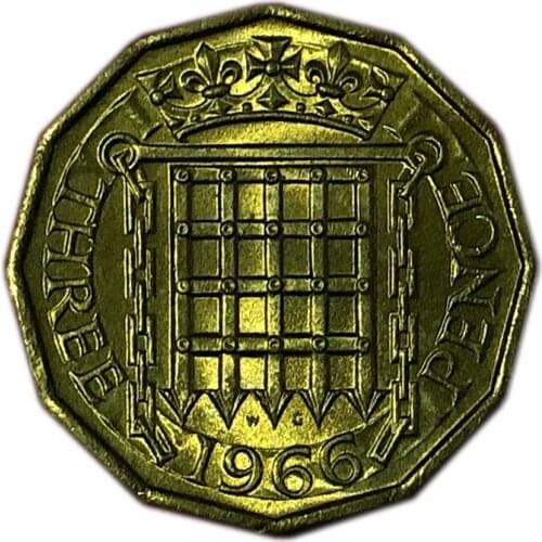 22mm, UK, Great Britain, England, 1964-67, 3 Pence brass Coin Collection, Real Original