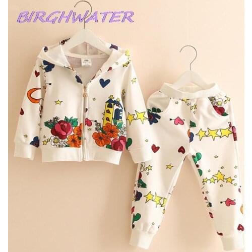 Childrens Clothing Girls Cartoon Print Graffiti Hooded Childrens zipper sportswear Suit 2020 Spring Autumn New Casual 2pc Set