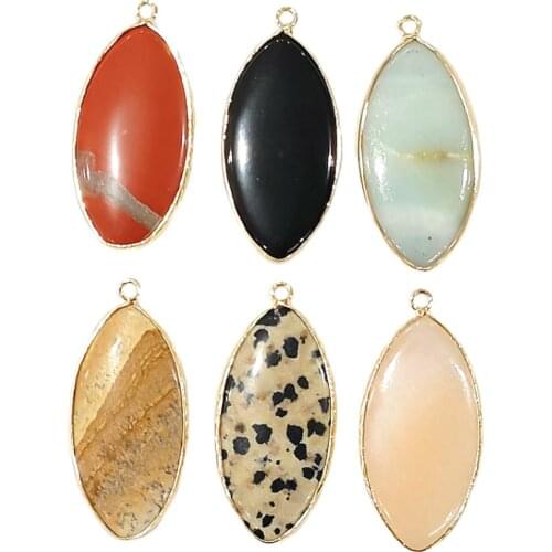 Natural Stone Obsidian Marquise Pendant 22x45mm Amazon Edging Pendant Handmade DIY Necklace Sweater Chain Jewelry Accessories