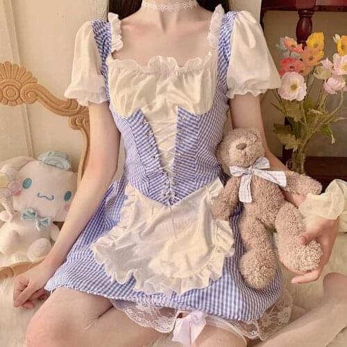 Summer Puff Sleeve Ruffle Blue Plaid Mini Dresses Kawaii Cosplay Lolita Maid Dress Women Sweet Cute Girl Vestidos Dress Suit Set