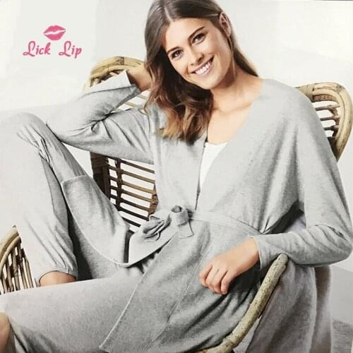 Lick Lip Autumn Gray Cotton Ladies Bathrobe Coat Cardigan Belt Sleepwear Simple Warm Comfortable Night Underwear SWD15306-30