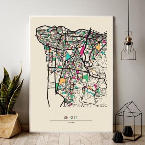 LEBANON Beirut colorful City Map Travel World Oil Painting Poster Prints Canvas Wall Picture For Home Room Decor with frame