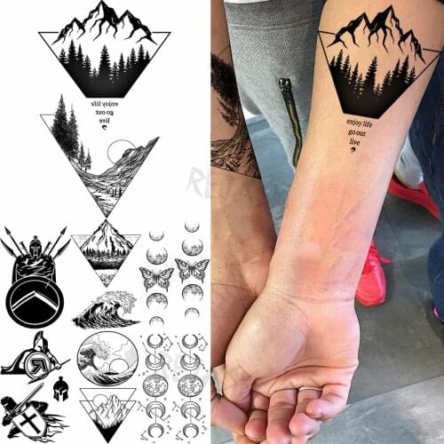 Small Geometric Mountain Woods Temporary Tattoos For Women Adult Spartan Planet Moon Fake Tattoo Wrist Waterproof Tatoos Sticker