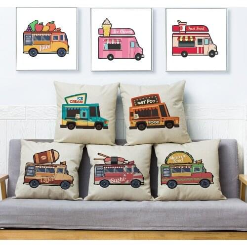 Cartoon Food Truck Car Print Cushion Cover Beige Linen Pillowcase 45*45cm Throw Pillows Covers Car Sofa Home Decor Pillow Case