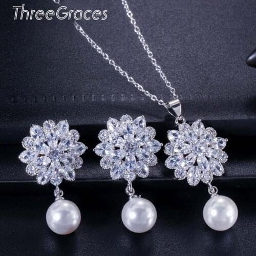 ThreeGraces Winter White Snowflake Imitation Pearl Pendant Necklace Earrings Set For Women Fashion CZ Zirconia Jewelry Gift S207