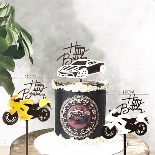 New Acrylic Sports Car Happy Birthday Cake Topper Golden white Motorcycle cake Toppers Boy Birthday Party Cake flag Decorations