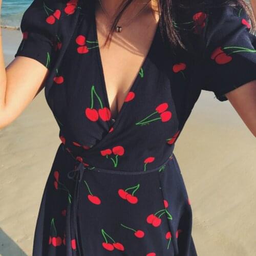 Vintage Dress Women Cherry Dress Short Sleeve V-neck Midi Vestido Female Chiffon Women Sexy Bodycon Floral Elegant Party Dress