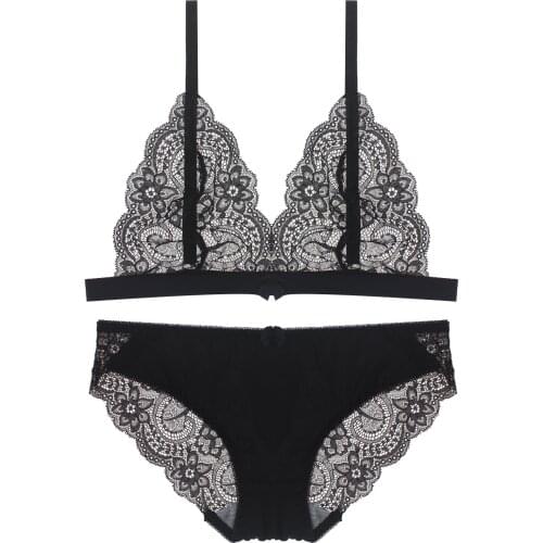 Full Lace Bralette Sexy Bras for Women Thin Wire Free Underwear set Semi Sheer Triangle Womens Lingerie