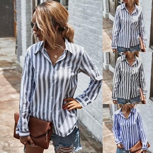 Casual Striped Candy Color Long-sleeved Single-breasted Shirt Top Womens Loose Lapel Print Plus Size Long-sleeved Chiffon Shirt