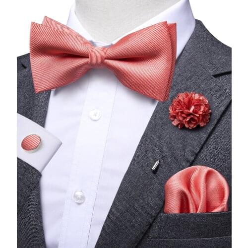 Hi-Tie Dropship Mens Wedding Bow Tie and Brooch pocket Square Cufflinks Set Plain Coral Peach Pink Silk Bowties for Men Wedding