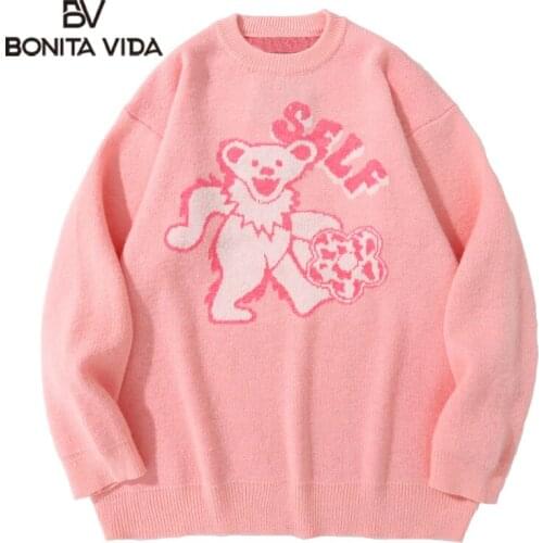 Bonita Vida Harajuku Streetwear Sweaters Cartoon Bear Knitted Jumpers Sweater Hip Hop Pullover Loose Casual Knitwear Tops