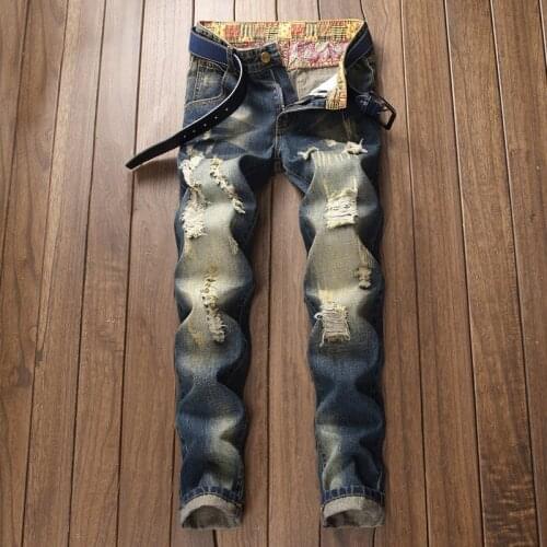 Retro Blue Ripped Pants Distressed Straight Jeans Mens Non-stretch Jeans Fall and Winter Trend Mens Trousers