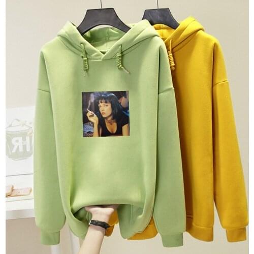 Mia Wallace Smoking Graphics Print Warm Punk Sweatshirt Modern Girl Streetwear Oversized Hoodie Womens Jacket Harajuku Face