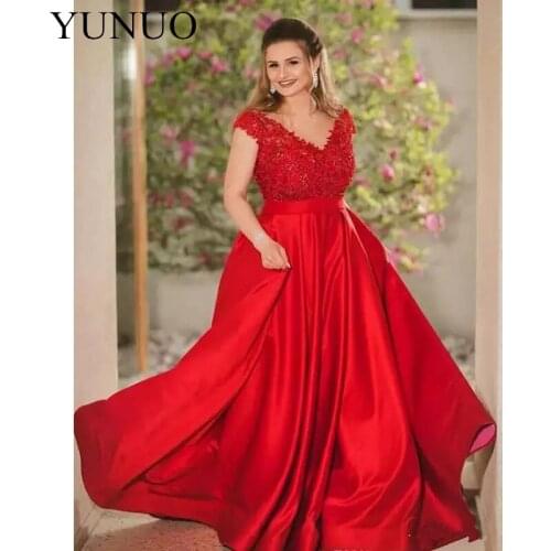 YuNuo Elegant Red A-line Long Evening Dresses V-neck Cap Sleeve Appliques Satin Formal gowns N40
