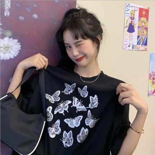 New Fashion Woman Tshirt Top Butterfly Print Short Sleeve Round Neck Cotton Spandex Woman T shirts Casual Loose T-shirt Femme