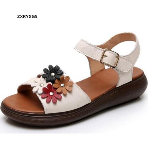 Best Sale Top Cowhide Flowers Comfortable Thick Bottom Women Shoes Fashion 2020 New Open Toe Sandals Summer Women Shoes Sandals
