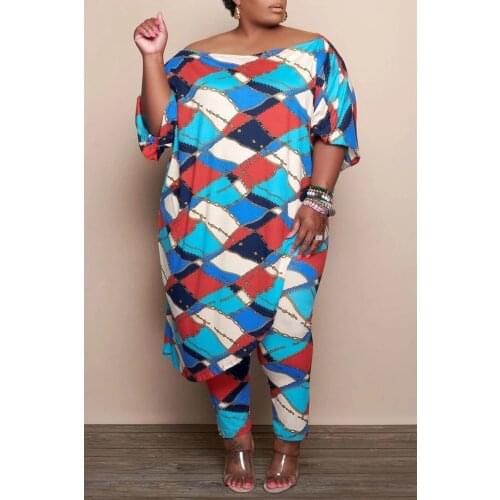 Square Patchwork Printed Loose Top Pencil Trousers Set Plus Size Autumn Clothes Women Fashion Super Oversized Clothing