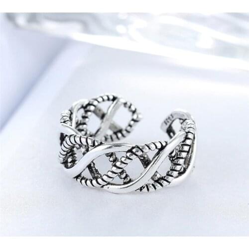 Sole Memory Cross Weave Wave Literary Creativity Retro 925 Sterling Silver Female Resizable Opening Rings SRI324