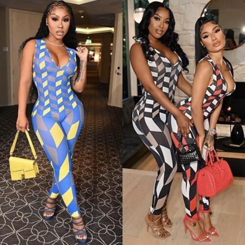 ZKYZWX Sexy Mesh Sheer Bodycon Jumpsuit Sleeveless Patchwork Birthday Outfits for Women Streetwear One Piece Nigth Club Rompers