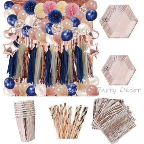 Gold Party Plates Dessert Cups Tissue Paper Napkin Decoration Set Foil Rose Gold Curtain Backdrop Birthday Wedding Table Decor