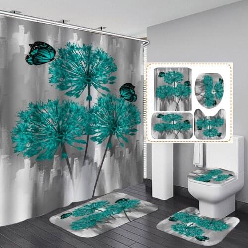 3D Oil Painting Green Floral Shower Curtain Set Bath Mats Non-Slip Rugs Toilet Lid Cover Waterproof Bathroom Curtain 4 Pcs Set