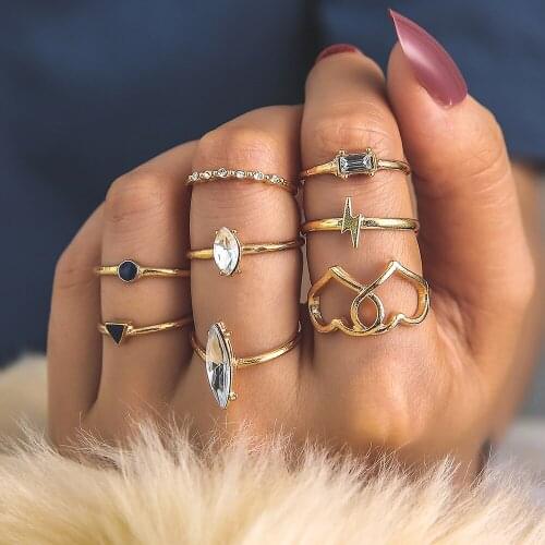 Bohemia Black Rhinestone Women Ring Heart Lightning Romantic Gold Rings Set Rhombic Crystal Geometric Design Wedding Jewelry