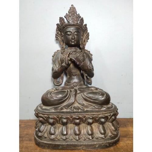 Home Decor 13" Tibet Buddhism Temple Old Bronze Cinnabars Statue of Living Buddha Guanyin Avalokitesvara Amitabha Buddha Statue