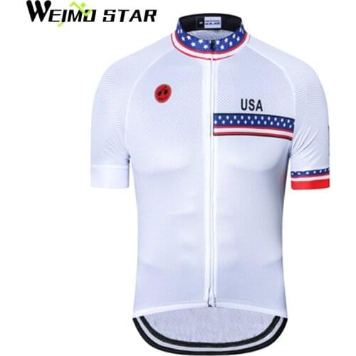 WEIMOSTAR Team Ropa Ciclismo Mens Short Sleeve USA Cycling Jersey MTB Breathable Riding Bike Clothing Full Zipper Tops