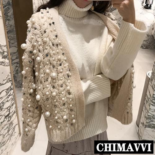 Autumn and Winter Fashion Pearl Rhinestone Beads Thick Cardigan Sweater Women Short Sweater Jacket Long Sleeve Knitted Coat
