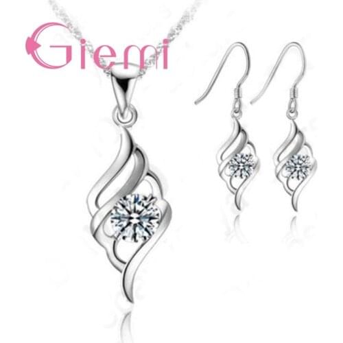 Elegant Glamorous Geometric Pattern Shape Crystal Necklace Earrings Hot Sale Anniversary 925 Sterling Silver Jewelry Set