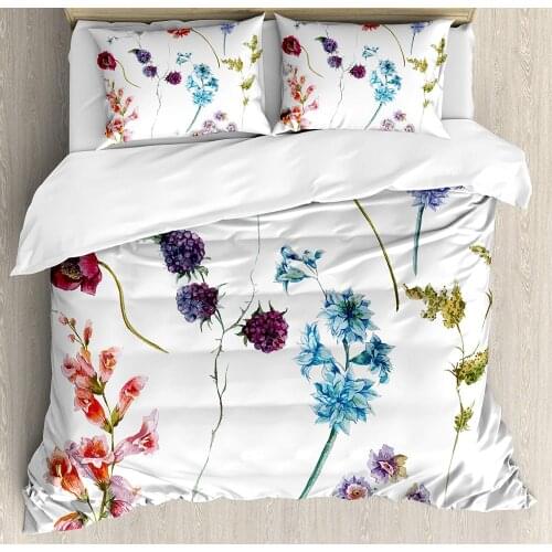 Watercolor Flower Duvet Cover Set Colorful Watercolor Wildflowers and Sprigs Flowers Botanical Garden Theme Decorative 3 Piece