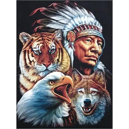 Counted Cross Stitch Kits Needlework Embroidery - Crafts 14 ct Aida DMC Color DIY Decor - The Chief with Tiger, Wolf and Eagle