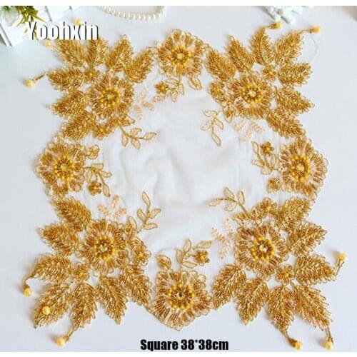 Modern lace gold beads embroidery place table mat cloth pad cup mug drink doilies dining dish tea glass coaster placemat kitchen
