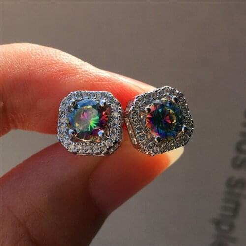 Vintage Bridal Square Zircon Earrings Luxury Female Rainbow Crystal Stud Earrings Charm Silver Color Wedding Earrings For Women