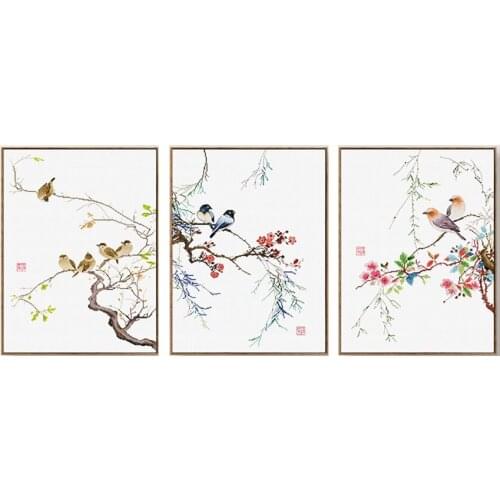 Sparrows Birds on a tree Branch Love Bird Stamped Cross Stitch Kit, 19.7" x 25.6"