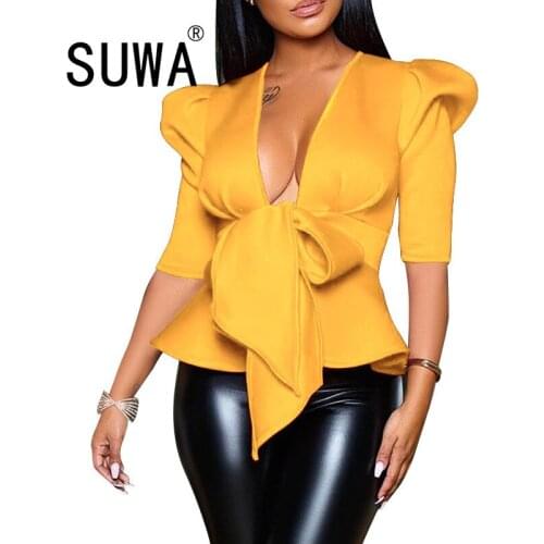 2020 Women Spring Summer Deep V-Neck Half Sleeve Solid Color T-Shirts Sexy Fashion Night Club Wear Lace Up Slim Tops