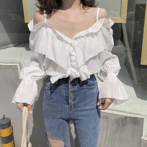 2020 Summer New Arrival Female Long-Sleeve boat neck strapless Blouse Women Shirt Chiffon Ruffle Tops Women Blouse G1281