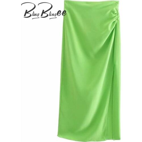 BlingBlingee 2021 Za Summer Woman Traf Skirt Fruit Green Penicl Skirt Zip-Back Ruched Split Side Casual High Waisted Midi Skirt