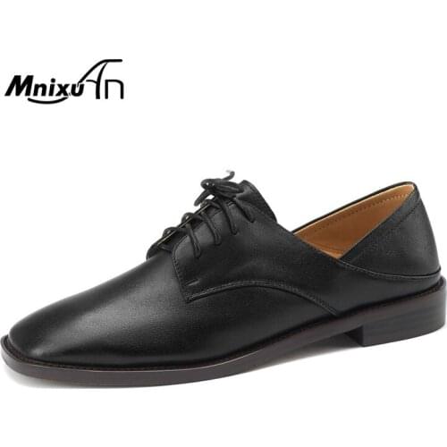 British Style Concise Women Pumps Block Heels 2021 Autumn Square Toe Genuine Leather Cross-tied Low Heels Casual Oxford Shoes