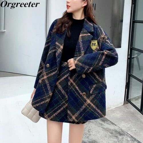 High Quality Preppy Style Plaid Woolen Coat Skirt Two Piece set Women Vintage Green Double-breasted Loose Coat Mini Skirt Suits