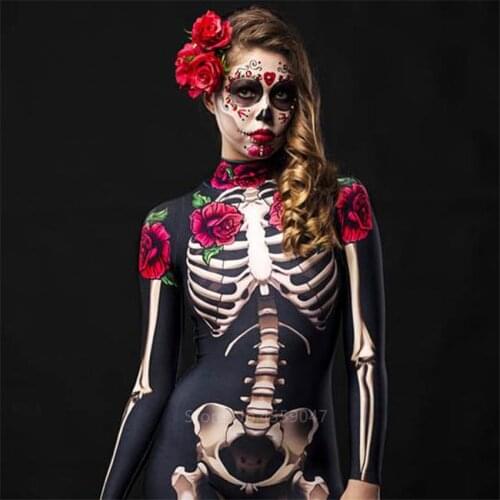 Women Cosplay Skeleton Rose Sexy Bodysuit Halloween Devil Ghost Specter Jumpsuit Romper Party Carnival Performance Scary Costume