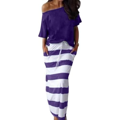 Women Summer Sexy Skin-friendly Outfit Slant Shoulder Half Sleeve Solid Color Shirt Top Striped Drawstring Skirt Two Piece Set f