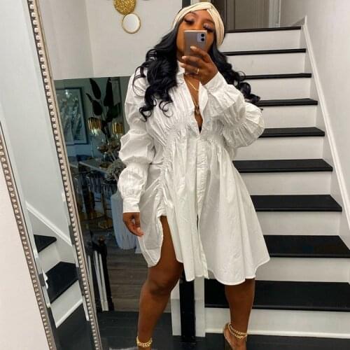Women Autumn Long Sleeve Shirt Dress Turn Down Collar Button Up Ruched Blouse Mini Dress Casual Solid Streetwear Sexy Dress XXL