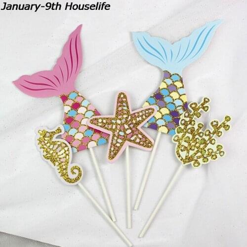 5pcs/set Cute Mermaid Tail Starfish Coral Seahorse Cake Toppers Party Supplies