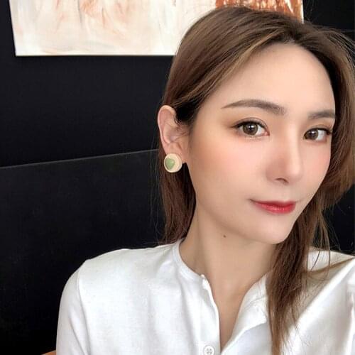 Acrylic Simple Geometry Silver Plated Needles Creamy White Wooden Round Green Hearts Stud Earrings for Women