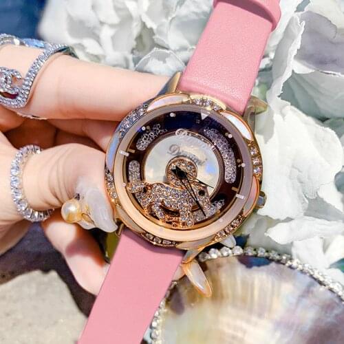 New Revolving Dial Women Watches Charm Rotate Horse Dress Watch Leather Strap Ladies Quartz Wristwatch Waterproof Dropshipping