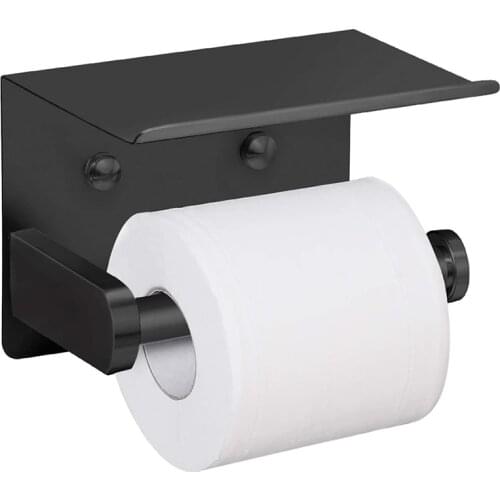 Toilet Paper Holder with Shelf Wall Mounted Mobile Phone Paper Towel Holder Decorative Bathroom Roll Paper Holder Black/Silver